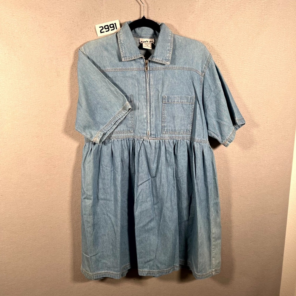 That's It Denim Babydoll Dress Womens Medium Blue Cotton Pleated Half Zip Casual